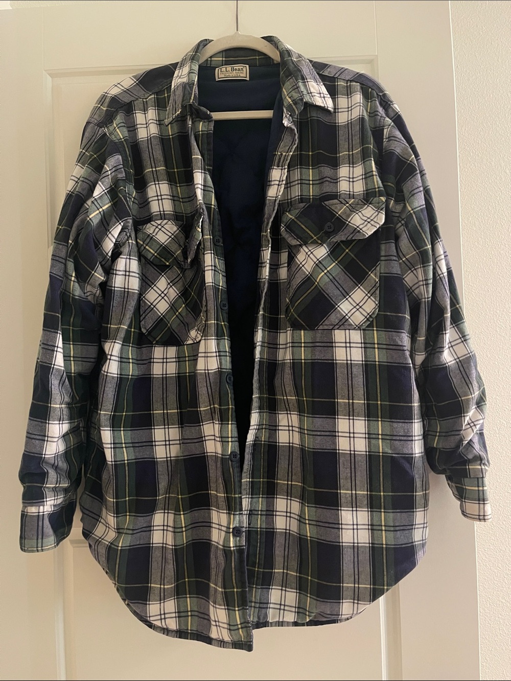 L.L. Bean Vintage Navy, White & Green Plaid Button-Down Flannel Shirt